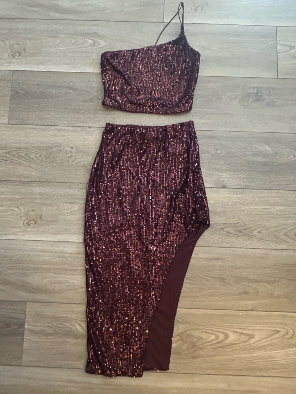 B Darlin Burgundy Sequin 2 Piece Prom Dress Set 3/4